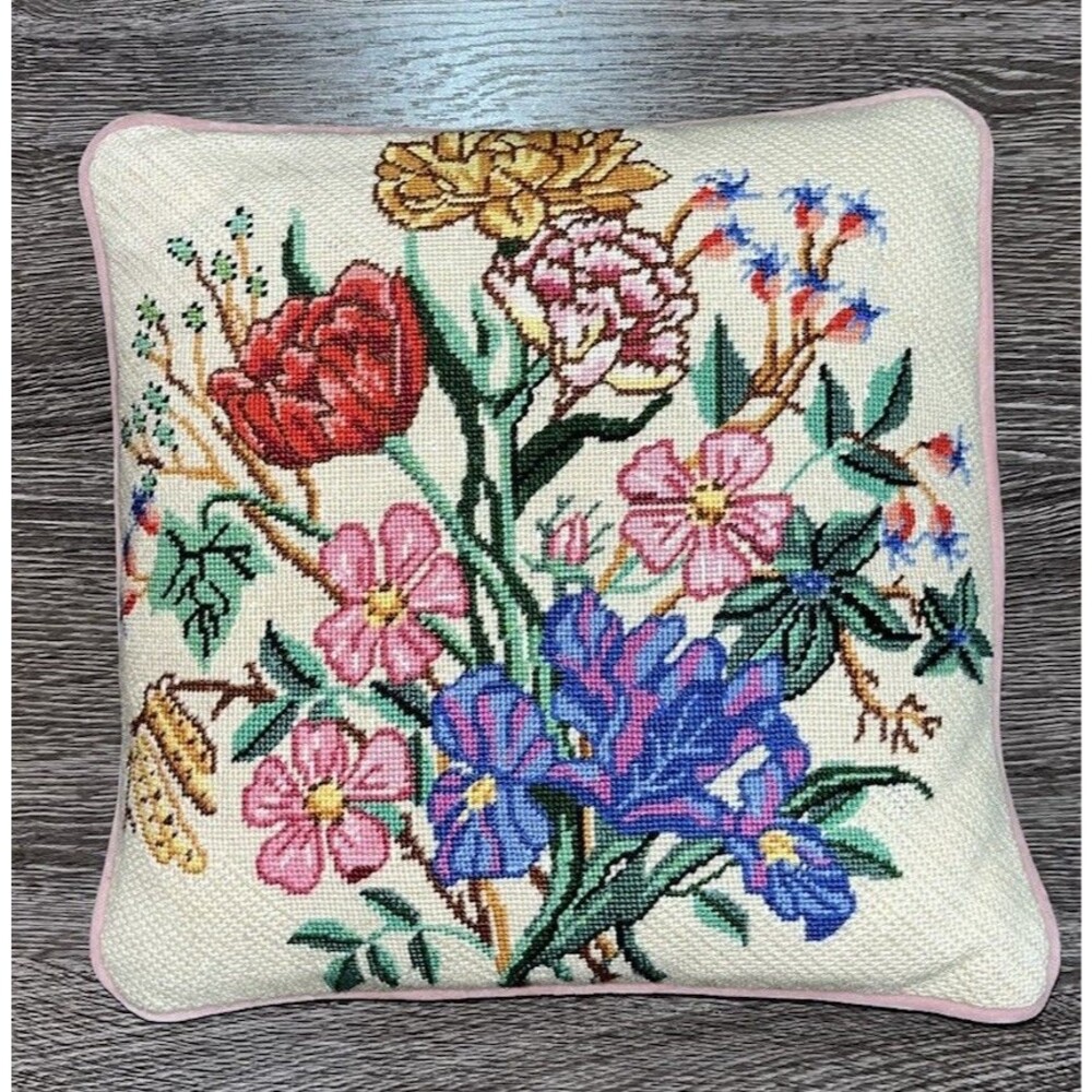 Floral Needlepoint Throw Pillow 14x14 Pink Velvet Back Cottage Decor